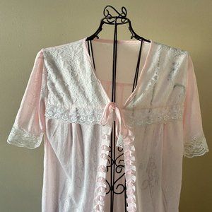 Vintage Light Pink Peignoir Flowy, Romantic with Lace Detail and Ruffles